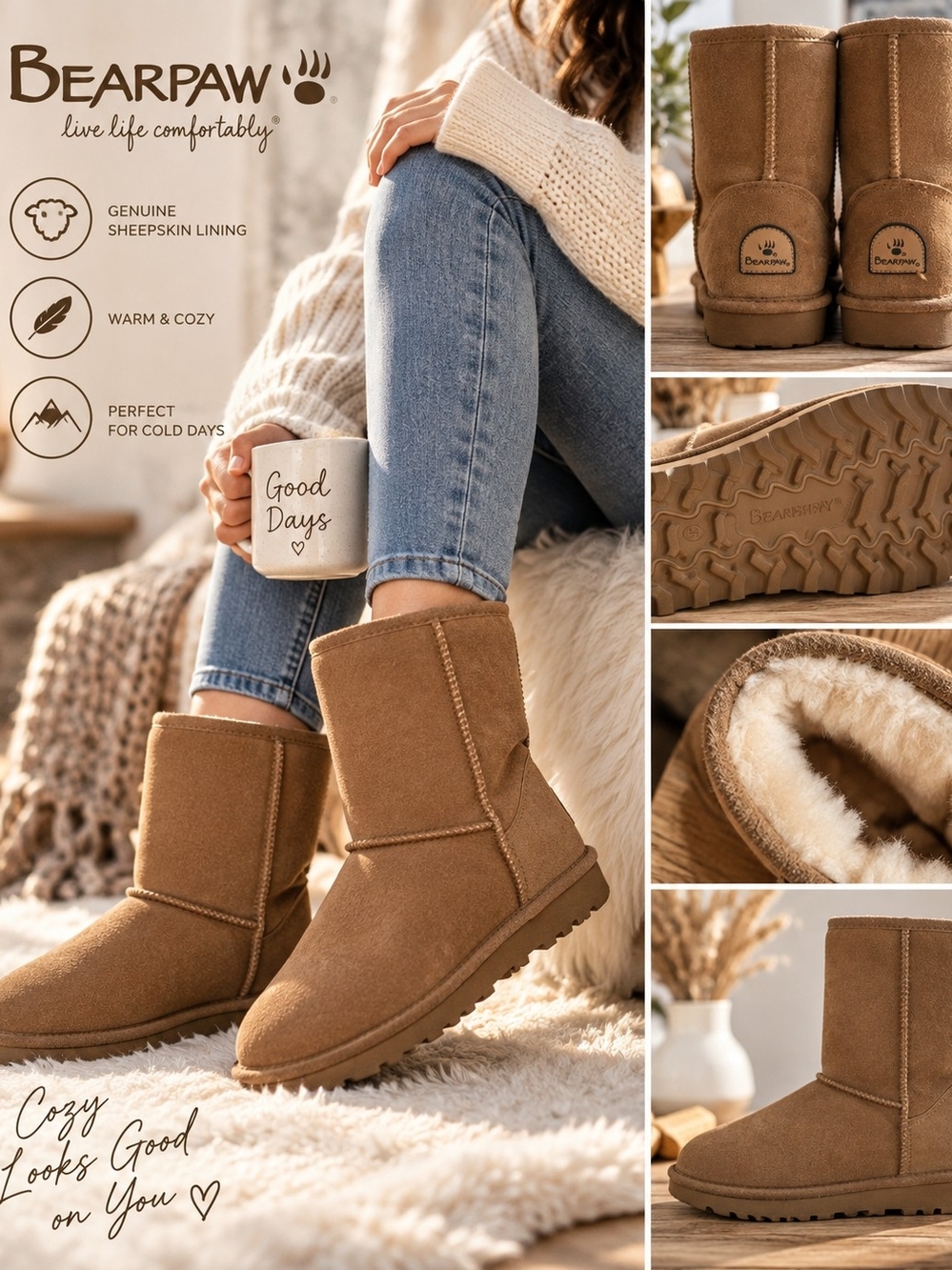 Bearpaw Chestnut Suede Shearling Lined Winter Boots Size 10 NWT